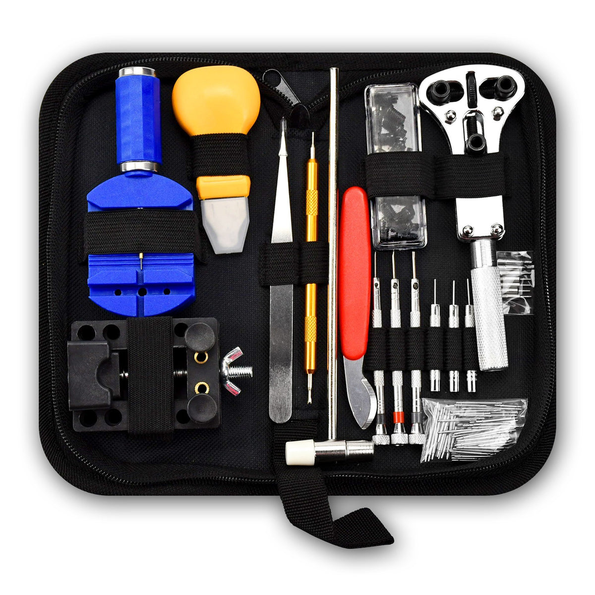 Collection of tools in a black case on a white background