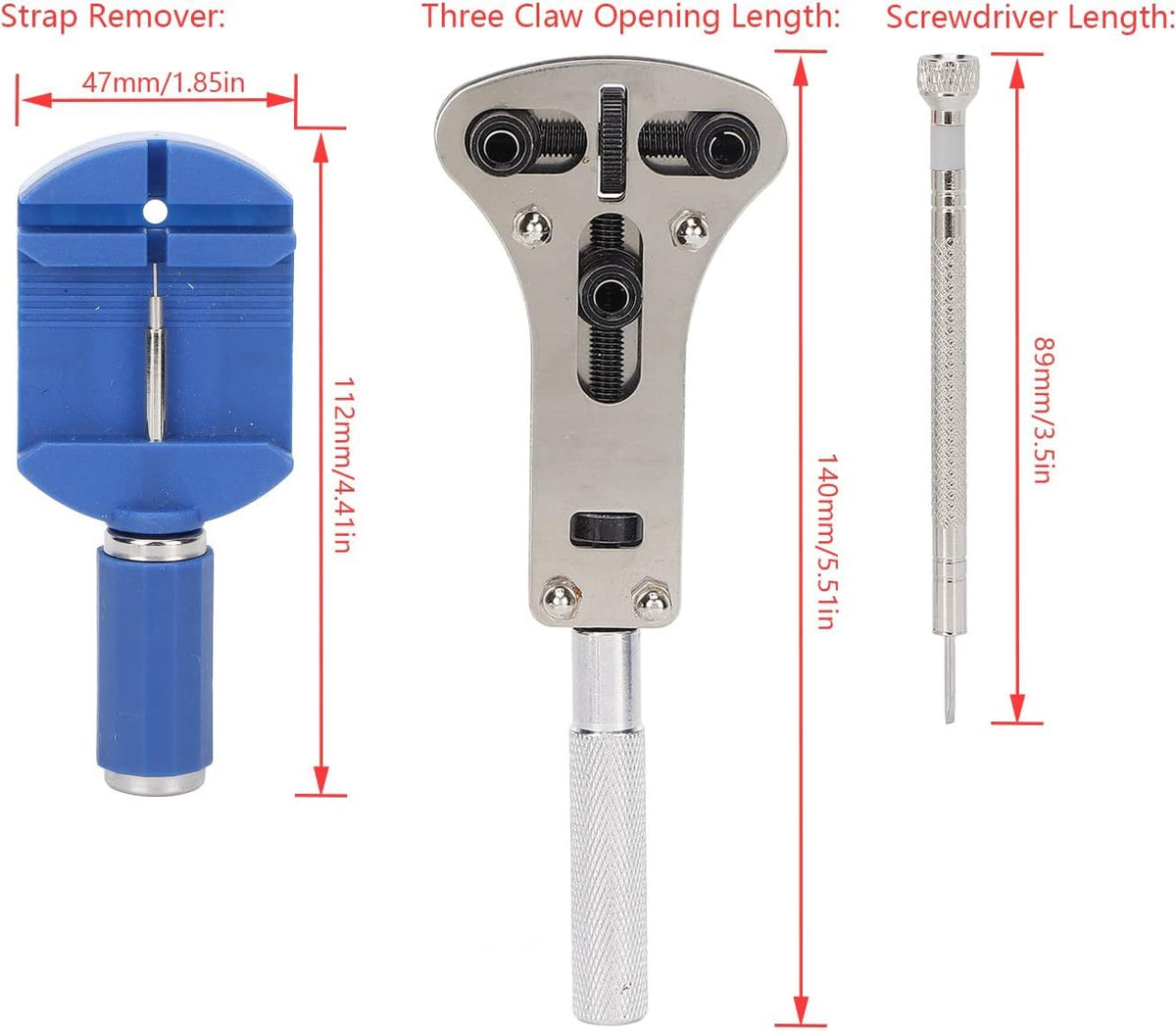 Measurement chart of a strap remover, three claw opening tool, and screwdriver with dimensions labeled.