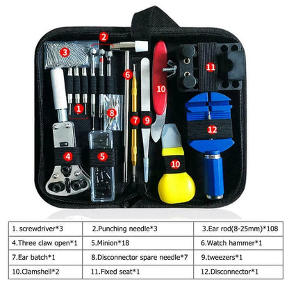 Set of earing tools with labeled components in a black case on a white background