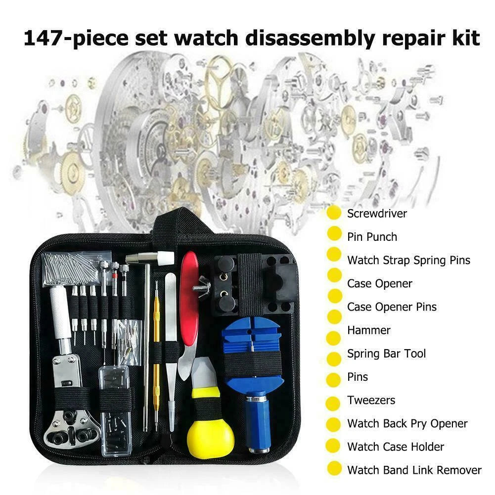 147-piece watch disassembly repair kit with tools and a clear background