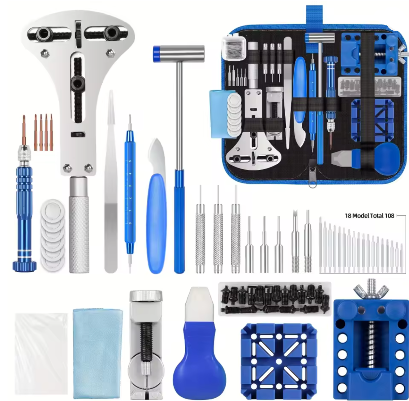A comprehensive watch repair tool kit displayed on a clean white background, featuring various metal and plastic tools, screwdrivers, a carrying case, and accessories in blue, silver, and black.