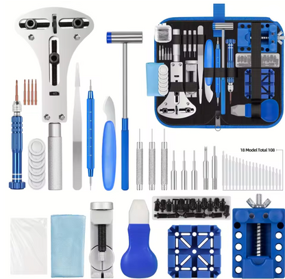 A comprehensive watch repair tool kit displayed on a clean white background, featuring various metal and plastic tools, screwdrivers, a carrying case, and accessories in blue, silver, and black.