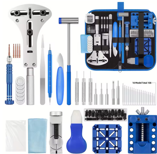 A comprehensive watch repair tool kit displayed on a clean white background, featuring various metal and plastic tools, screwdrivers, a carrying case, and accessories in blue, silver, and black.