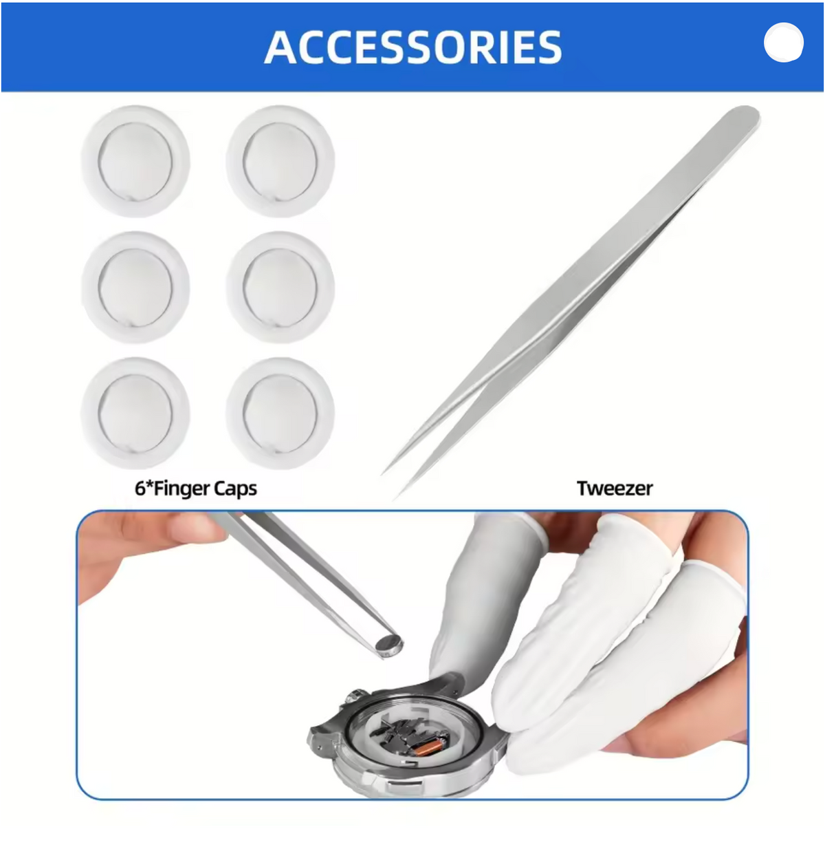 Watch repair accessories set including six white 6mm finger caps, a stainless steel tweezier, and a demonstration inset showing the tweezier and white finger glove being used to open a watch.