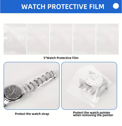 White background graphic with the text 'WATCH PROTECTIVE FILM' at the top, five translucent square sample panels below, and two inset photos showing a silver watch strap being protected and a watch pointer being protected with clear film.