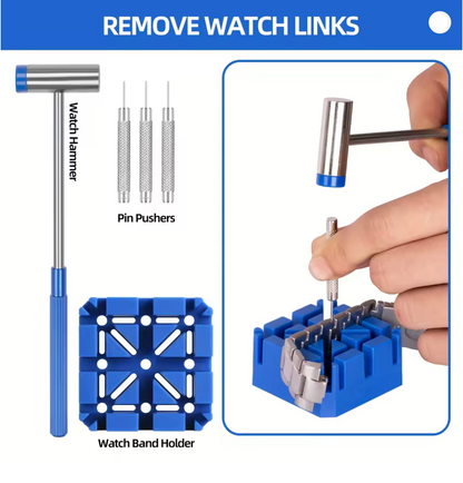 A watch band removal tool kit labeled 'REMOVE WATCH LINKS' on a white background, showing a silver-and-blue watch hammer, three pin pushers, a blue watch band holder, and a close-up inset of the hammer and pin being used on a watch band.