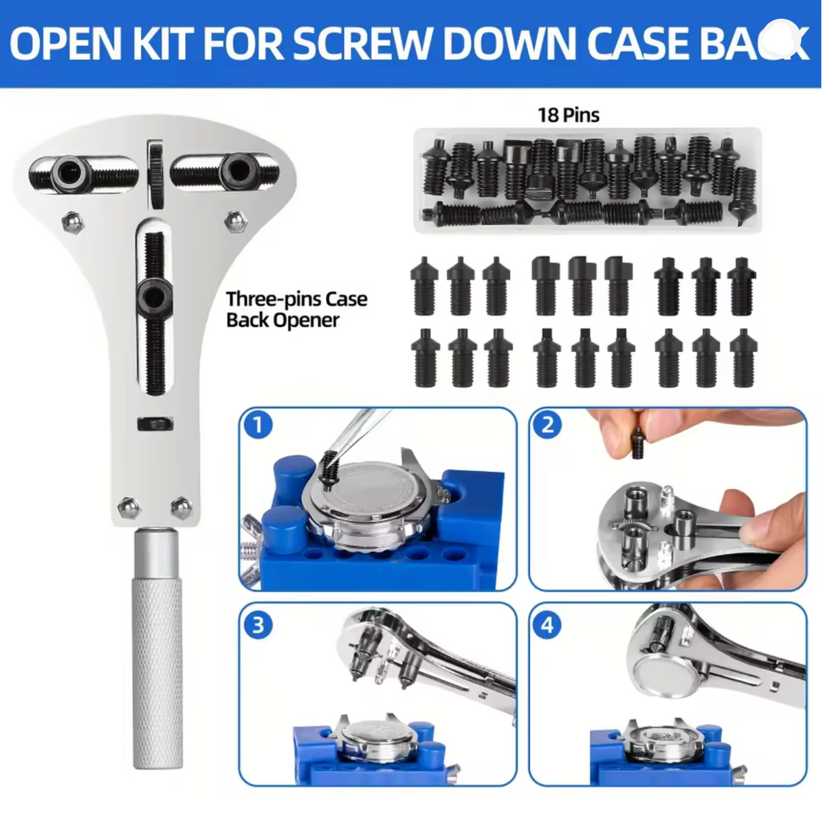 Screw-down case back opener tool kit with a silver metal handle, blue mounting base, 18 black pins, and four instructional steps showing how to use the tool.