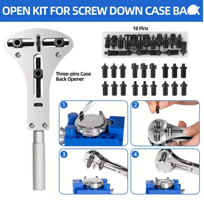 Screw-down case back opener tool kit with a silver metal handle, blue mounting base, 18 black pins, and four instructional steps showing how to use the tool.